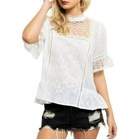 NWT POL Lace and Swissdot Mock Neck Peplum Hem Blouse Top - Picture 5 of 7